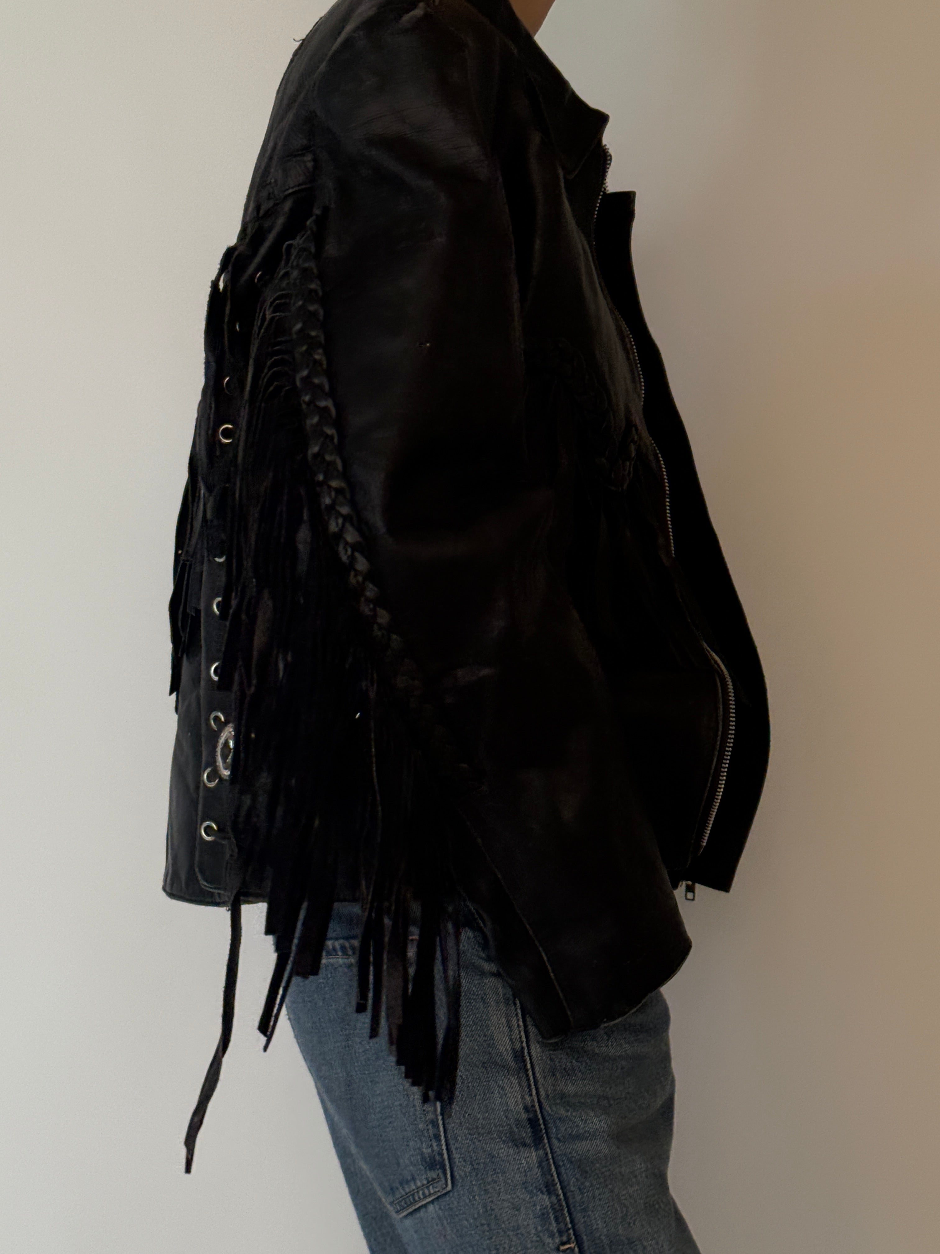 Vintage leather fringe jacket black side view