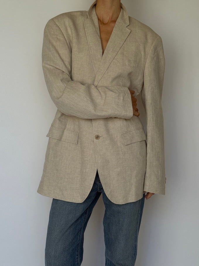 Vintage Linen & Cotton Oversized Blazer in Beige 6601