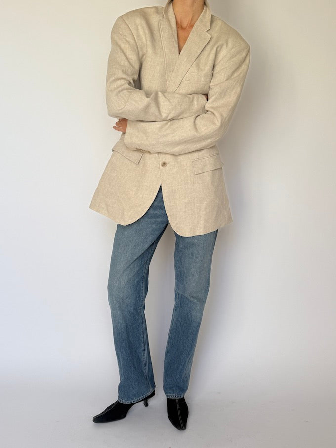 Vintage Linen & Cotton Oversized Blazer in Beige 6601