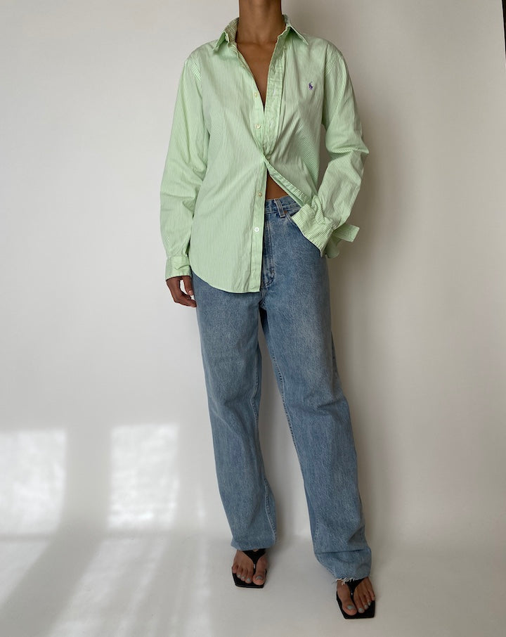 VINTAGE STRIPED GREEN AND WHITE RALPH LAUREN SHIRT 2574