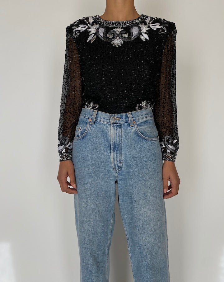 VINTAGE BLACK BEADED LONG SLEEVE TOP 2578