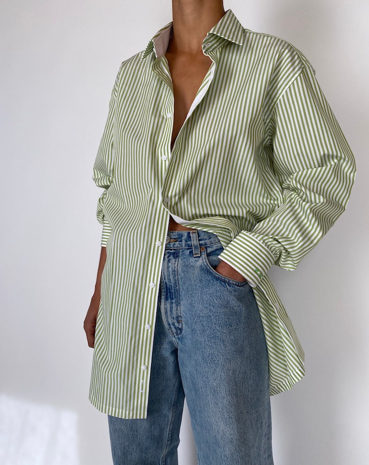 VINTAGE OVERSIZED GREEN AND WHITE STRIPED COTTON SHIRT 2579