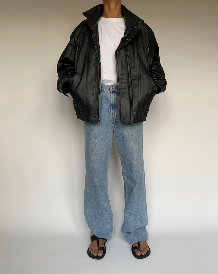 VINTAGE BLACK OVERSIZED BOXY LEATHER JACKET 2601
