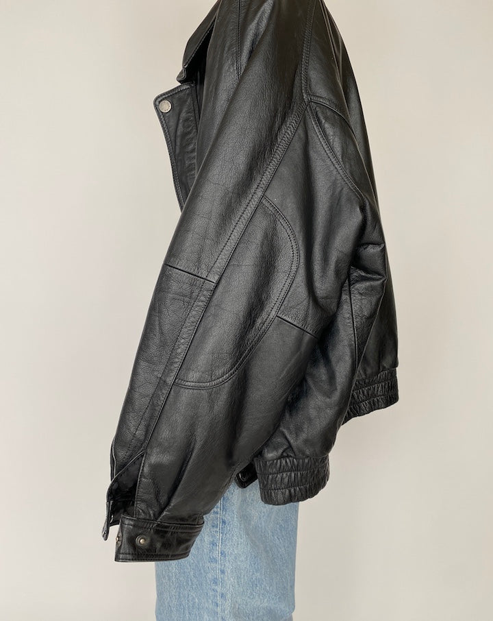 VINTAGE BLACK OVERSIZED BOXY LEATHER JACKET 2722
