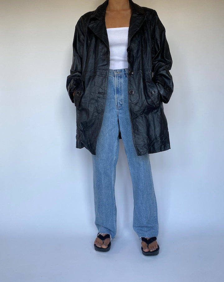 VINTAGE LONG BLACK LEATHER JACKET 2782