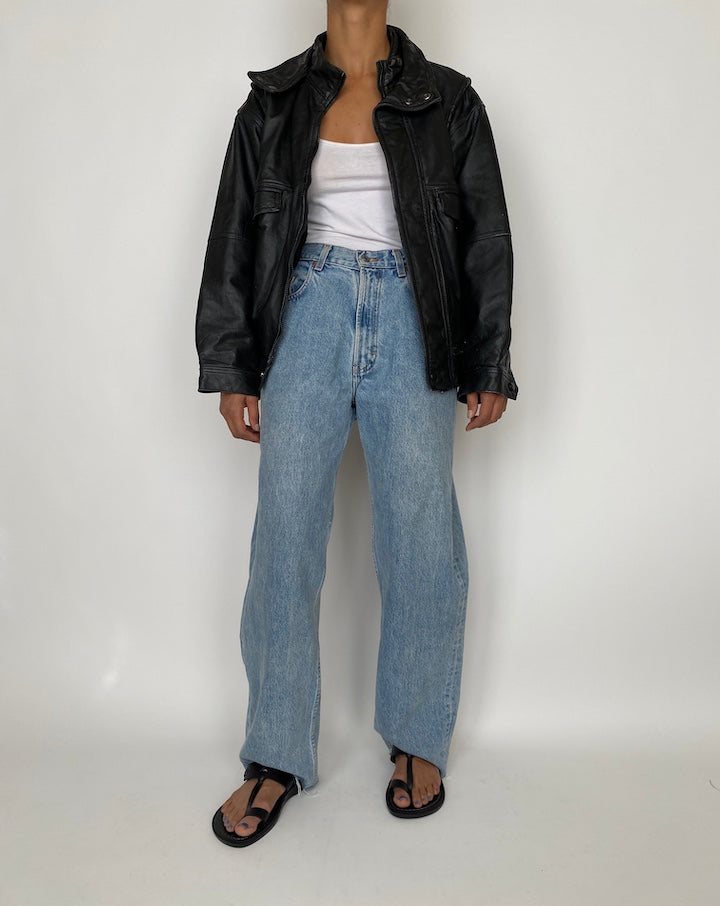 VINTAGE OVERSIZED BOXY BLACK LEATHER JACKET 2856