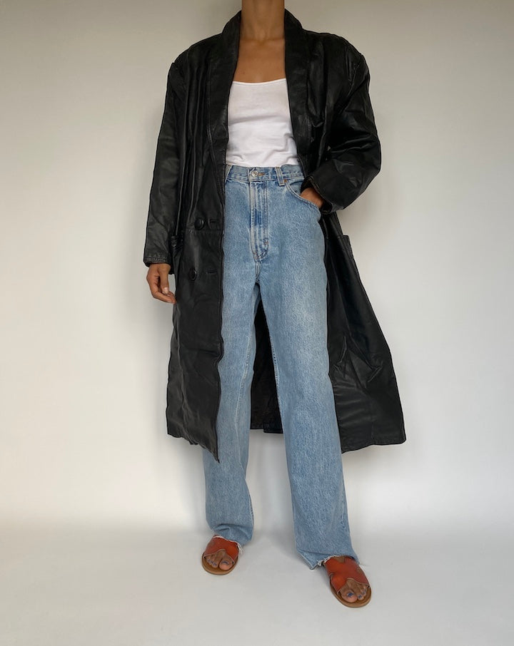 VINTAGE LONG BLACK LEATHER COAT 2892