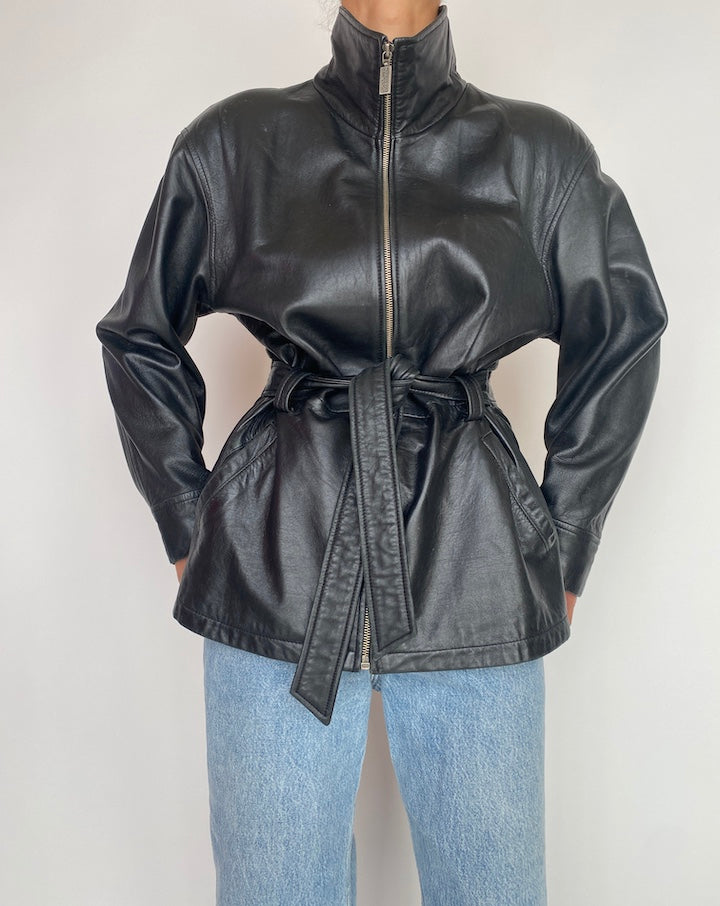 VINTAGE BLACK SHORT TRENCH LEATHER JACKET 2962