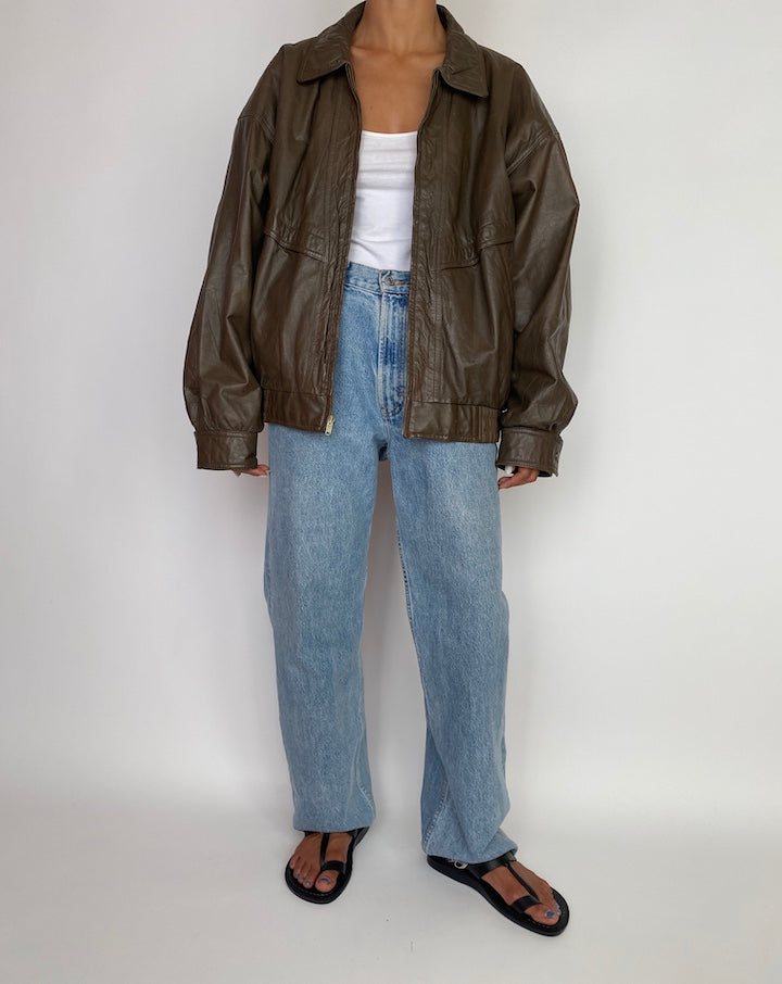 VINTAGE OVERSIZED BOXY BROWN LEATHER JACKET 2974