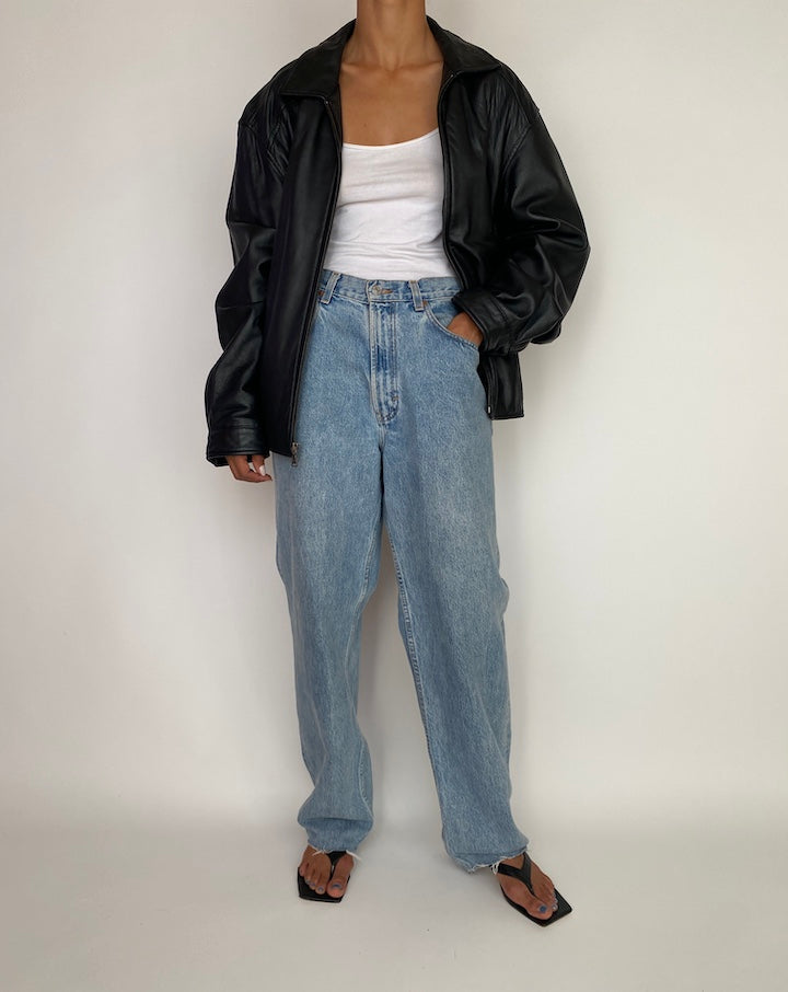 VINTAGE OVERSIZED BOXY BLACK LEATHER JACKET 2995