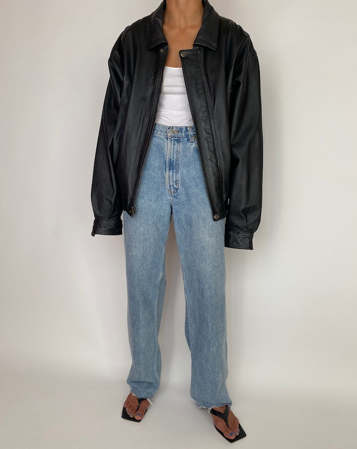 VINTAGE OVERSIZED BOXY BLACK LEATHER JACKET 2998