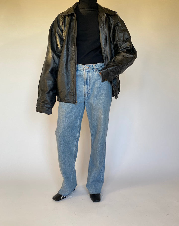 VINTAGE BLACK TEXTURED BOXY LEATHER JACKET 4310