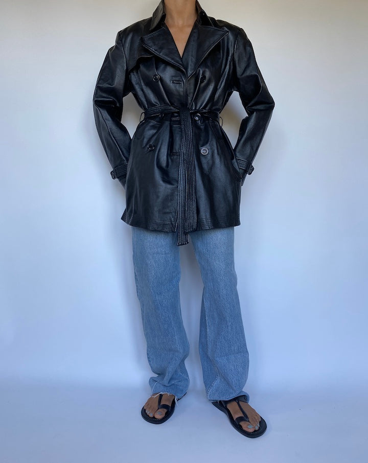 VINTAGE BLACK LEATHER TRENCH JACKET 3067