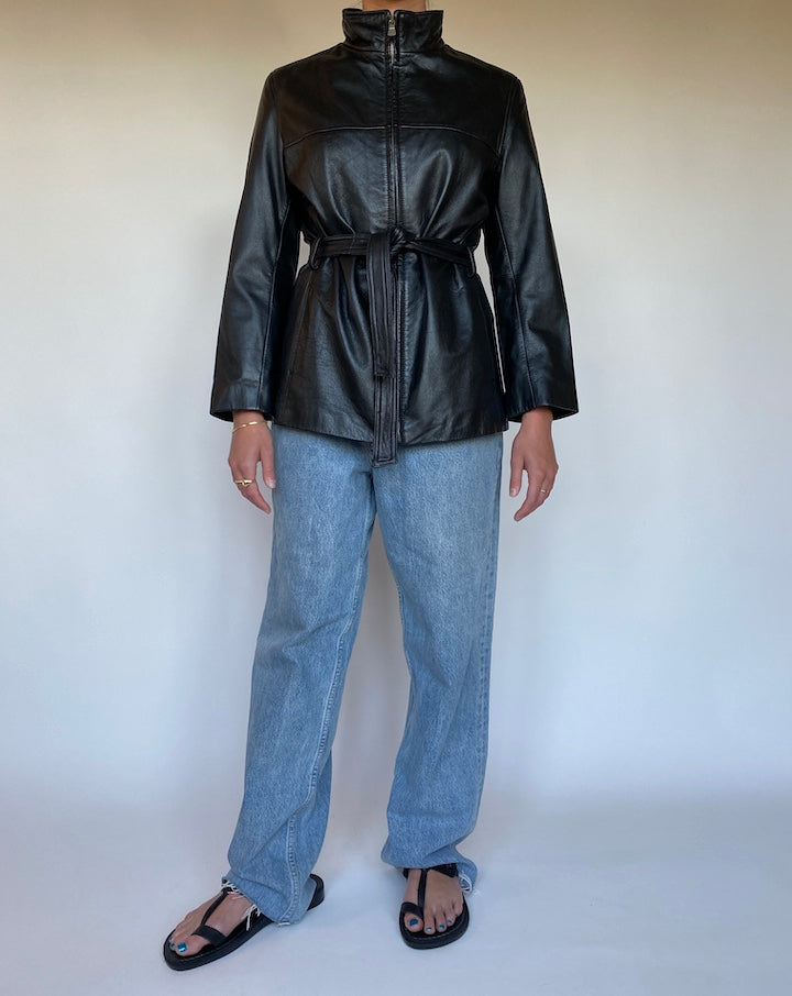 VINTAGE BLACK SHORT LEATHER TRENCH 3075