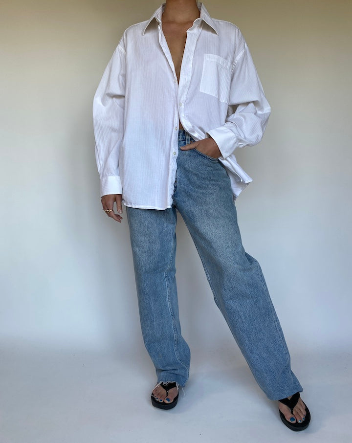 VINTAGE OVERSIZED WHITE STRIPED COTTON SHIRT 3128