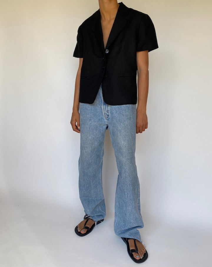 VINTAGE BLACK LINEN BLENDED SHORT SLEEVE TOP 3150
