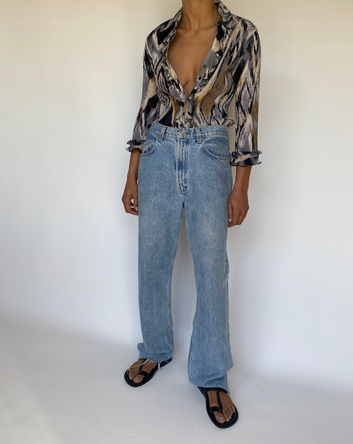 VINTAGE MULTI-COLORED BUTTON DOWN PLEATED BLOUSE 3160