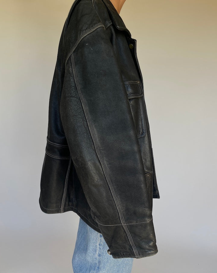 VINTAGE BLACK OVERSIZED LEATHER JACKET 3188