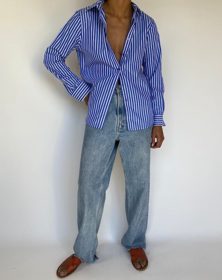 VINTAGE BLUE WITH WHITE STRIPES BUTTON DOWN SHIRT 3249