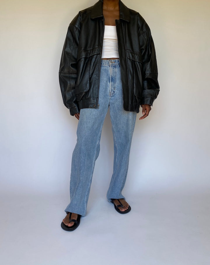 VINTAGE OVERSIZED BOXY BLACK LEATHER JACKET 3681