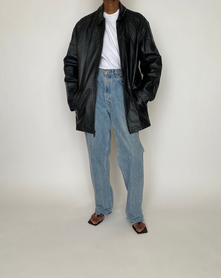 VINTAGE OVERSIZED BLACK LEATHER JACKET 3929