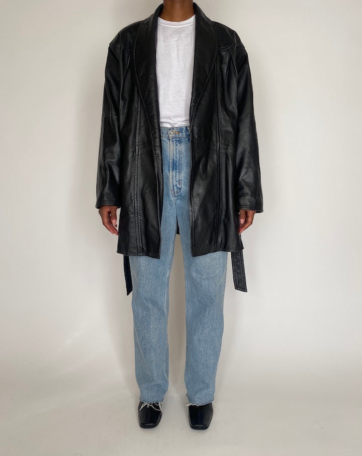 VINTAGE BLACK SHORT LEATHER TRENCH 4028
