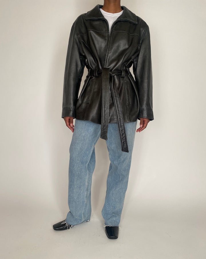VINTAGE BLACK SHORT TRENCH LEATHER JACKET 4050