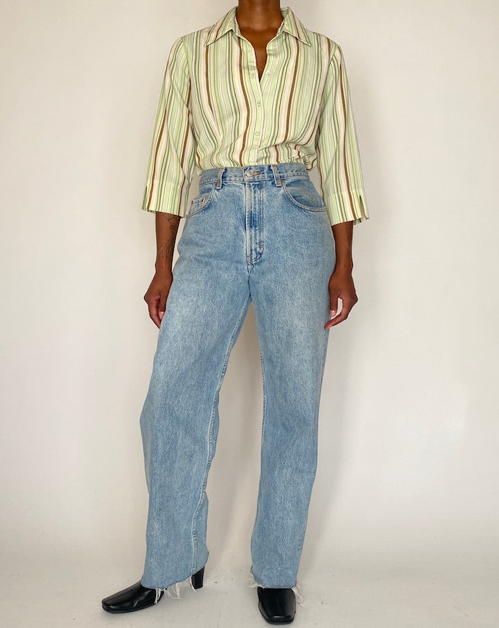 VINTAGE GREEN STRIPED BUTTON DOWN BLOUSE 4077