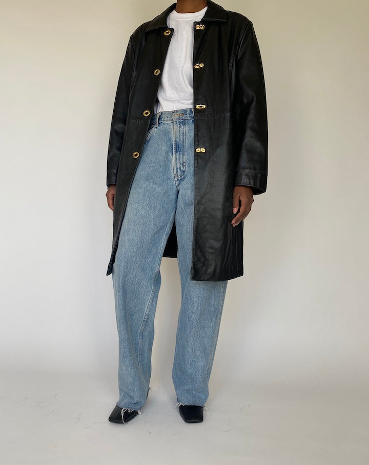 VINTAGE LONG BLACK LEATHER JACKET 4113