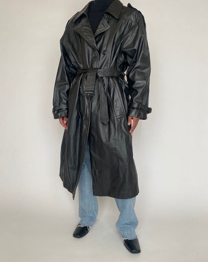 VINTAGE BLACK OVERSIZED LONG LEATHER COAT 4373