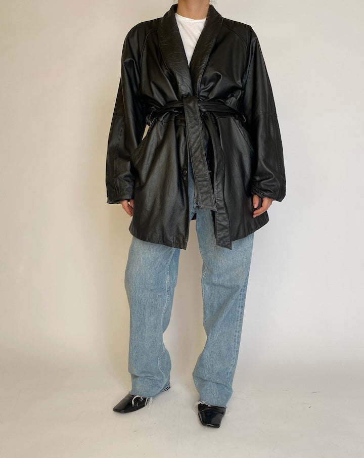 VINTAGE BLACK TRENCH LEATHER JACKET 4574