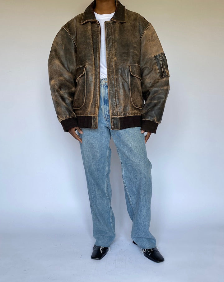 VINTAGE BROWN OVERSIZED BOMBER LIKE LEATHER JACKET 4930