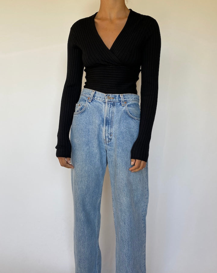 VINTAGE BLACK SILK BLENDED KNITTED LONG SLEEVE TOP 1530