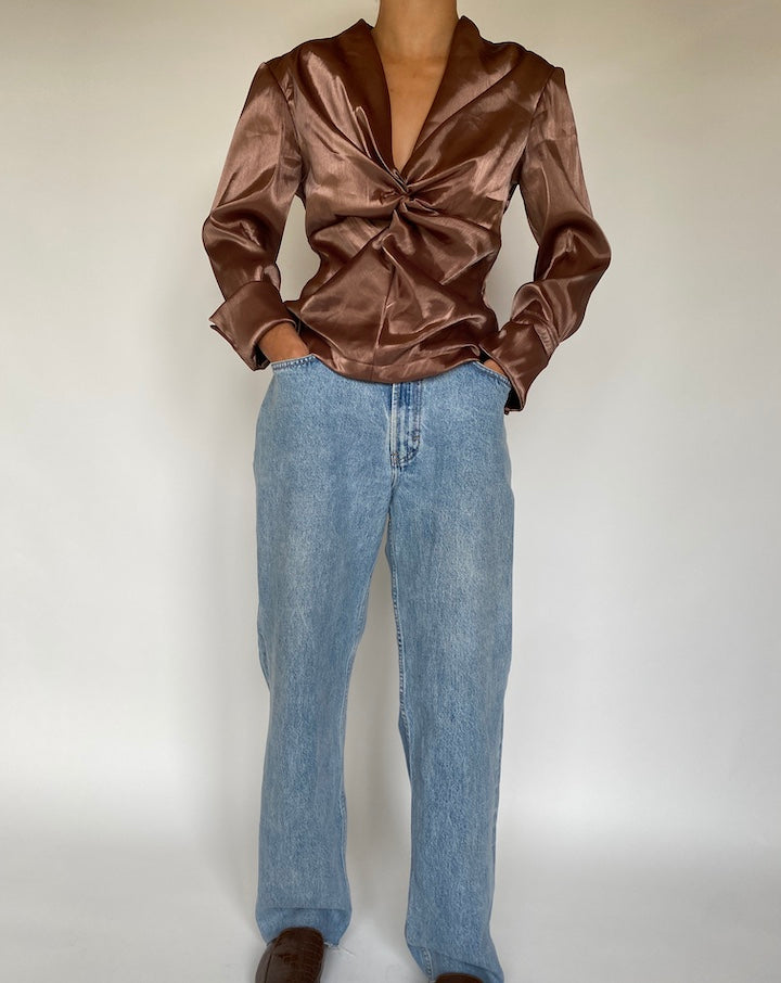 VINTAGE LONG SLEEVE BROWN SHINY TOP 1745
