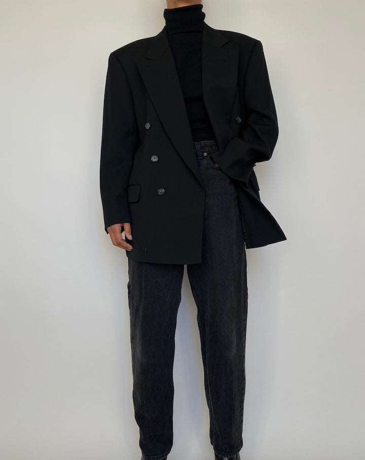 VINTAGE BLACK DOUBLE BREASTED WOOL BLAZER 1839