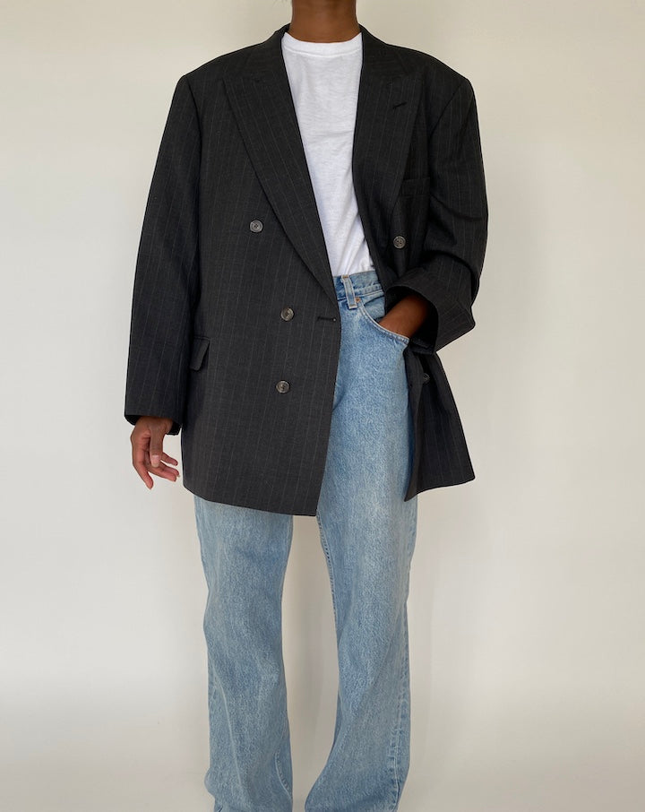VINTAGE DARK GREY PINSTRIPED DOUBLE BREASTED BLAZER 1967