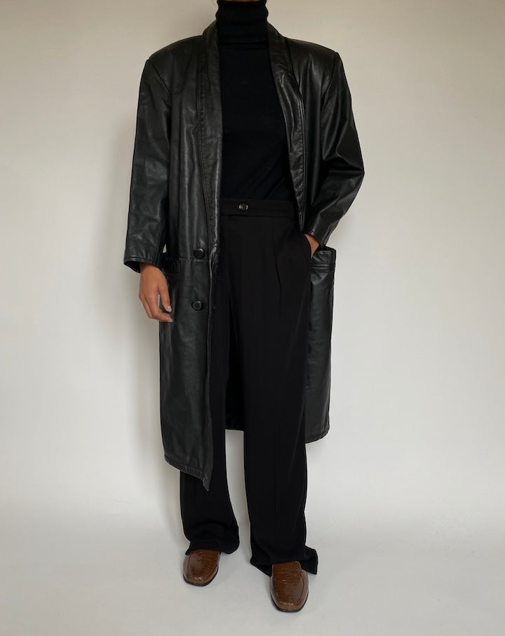 VINTAGE LONG BLACK LEATHER COAT 2185