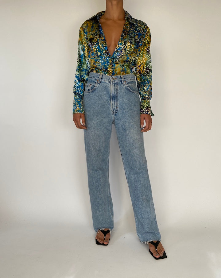 VINTAGE GREEN PATTERNED SILK BLOUSE 2297