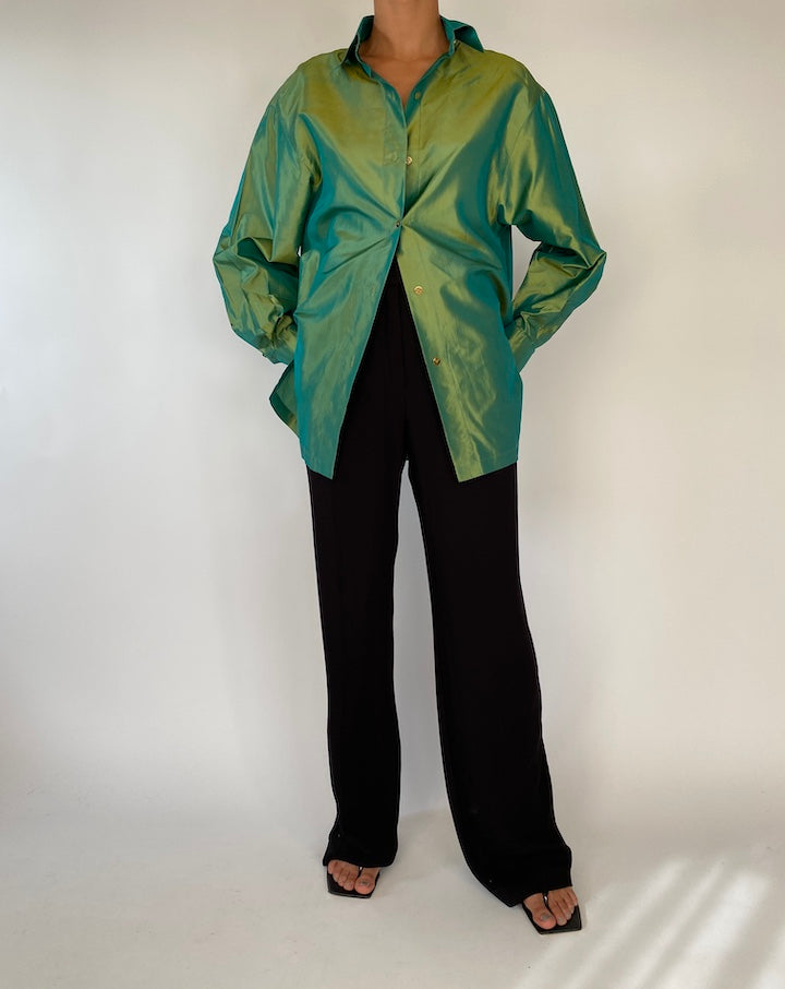 VINTAGE GREEN SHIMMERY BUTTON DOWN BLOUSE/SHIRT 2331