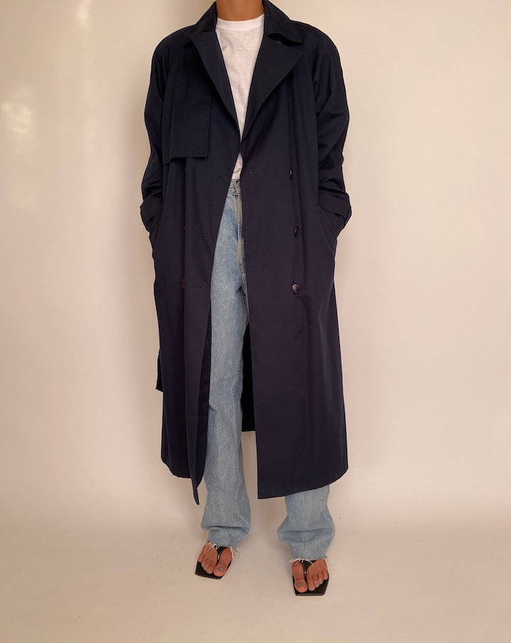 VINTAGE LONG NAVY TRENCH COAT 2366