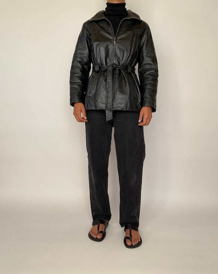 VINTAGE BLACK SHORT TRENCH LEATHER JACKET 2046