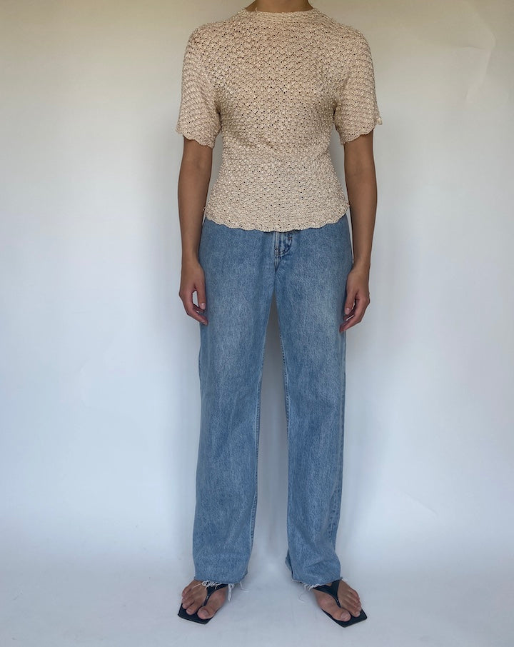 VINTAGE BEIGE BEADED CROCHET TOP 3403