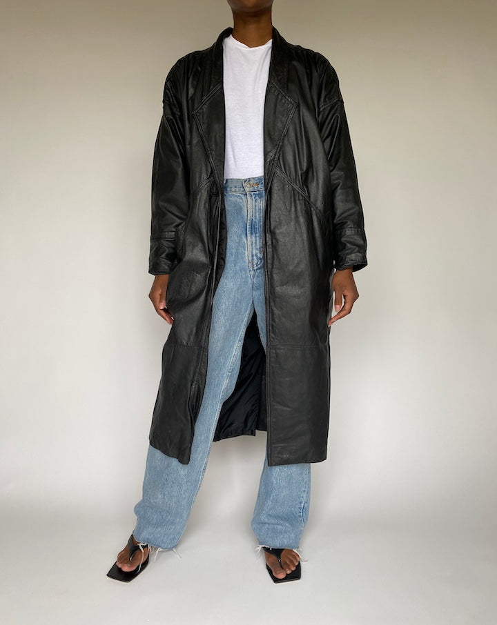 VINTAGE BLACK LONG LEATHER JACKET 3828