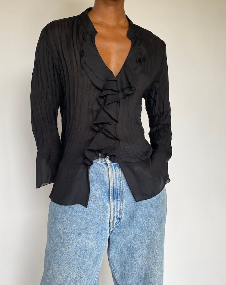 VINTAGE BLACK PLEATED RUFFLED BLOUSE 3808