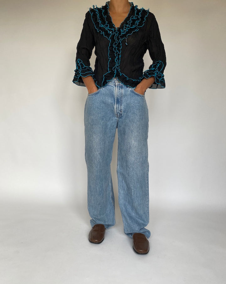VINTAGE BLACK RUFFLED BLOUSE 1740