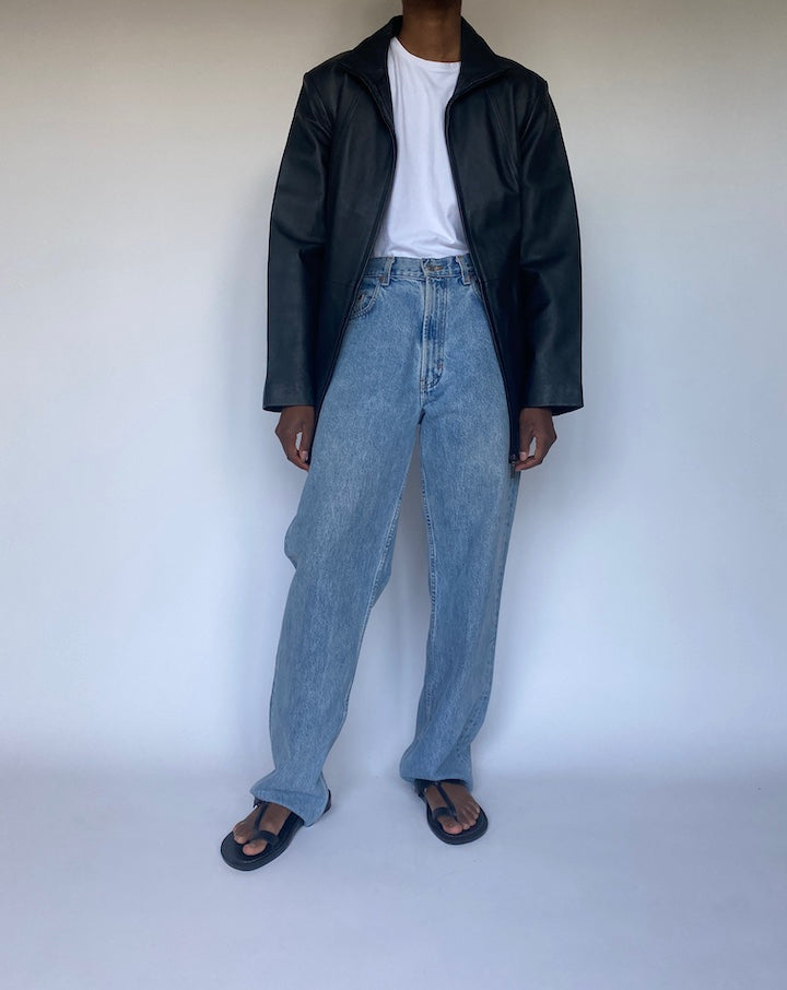 VINTAGE BLACK SHORT LEATHER TRENCH JACKET 3632