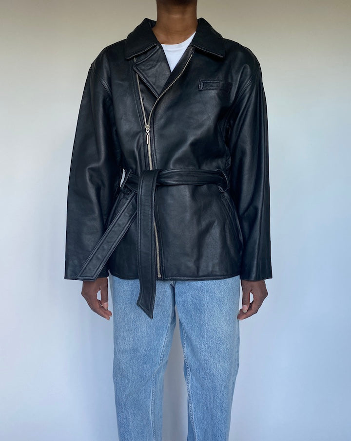 VINTAGE BLACK SHORT LEATHER TRENCH JACKET 3501