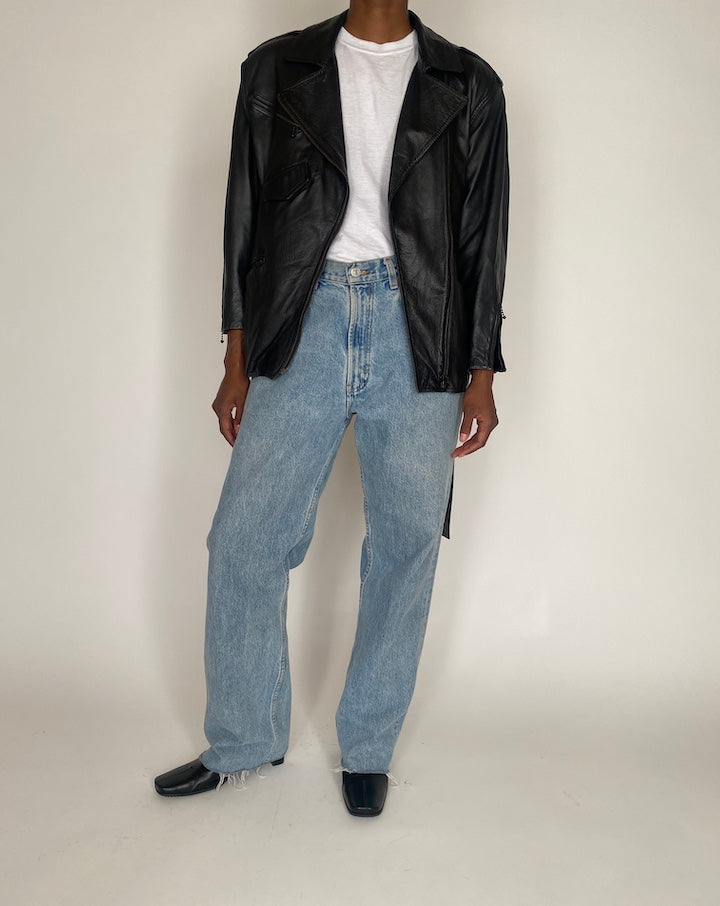 VINTAGE BLACK SHORT TRENCH LEATHER JACKET 4051