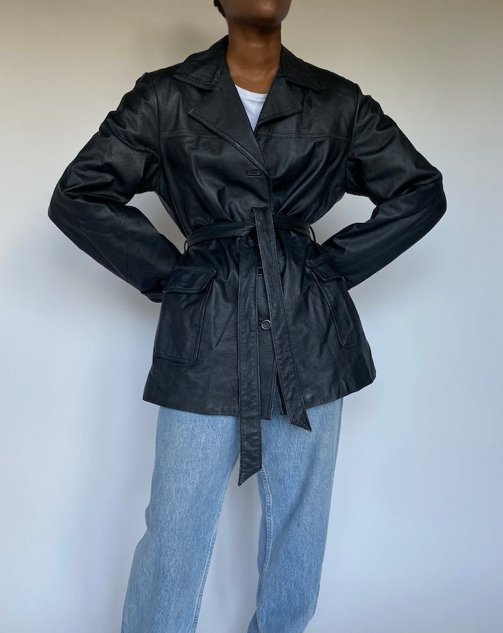 VINTAGE BLACK SHORT TRENCH LEATHER JACKET 3628