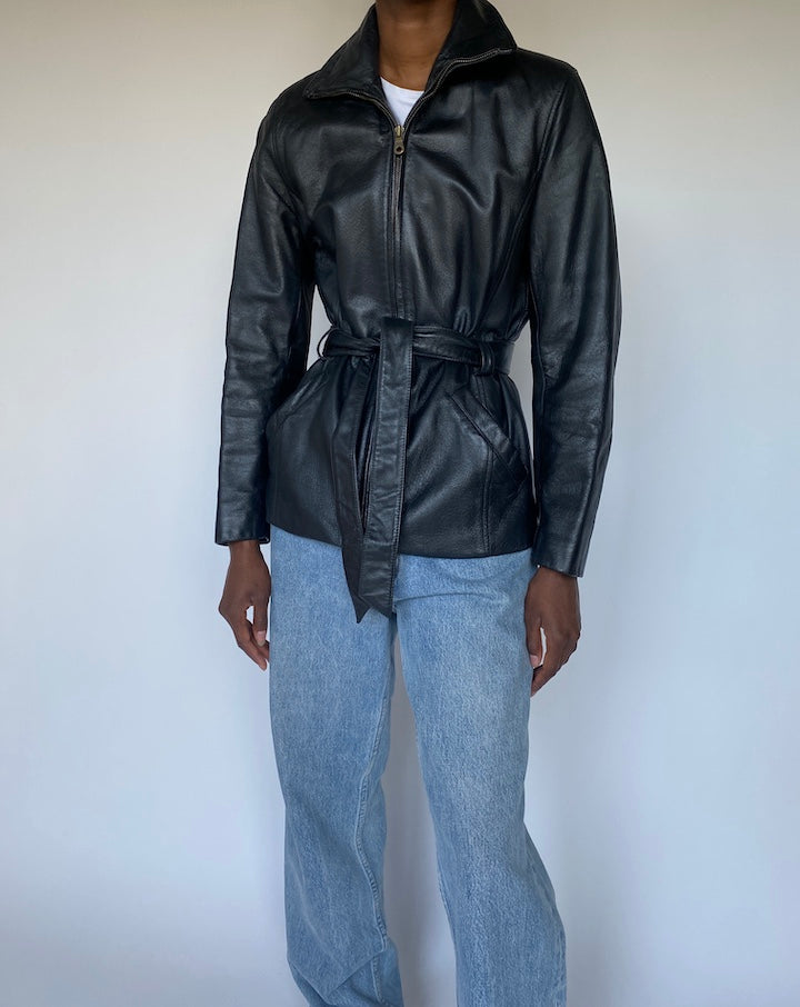 VINTAGE BLACK SHORT TRENCH LEATHER JACKET 3633